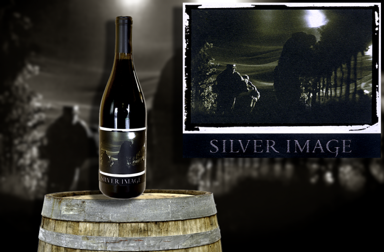 Silver Image wine bottle on a barrel with the wine label superimposed