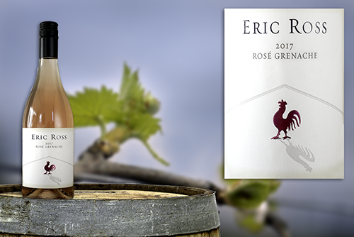 2017 Rose Grenache bottle on a barrel with wine label superimposed